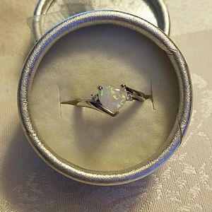 Silver Heart Shaped White Fire Opal CZ Ring 6